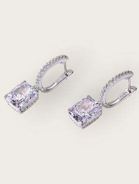 Sterling Silver Cubic Zirconia Cushion Drop Earrings - New.